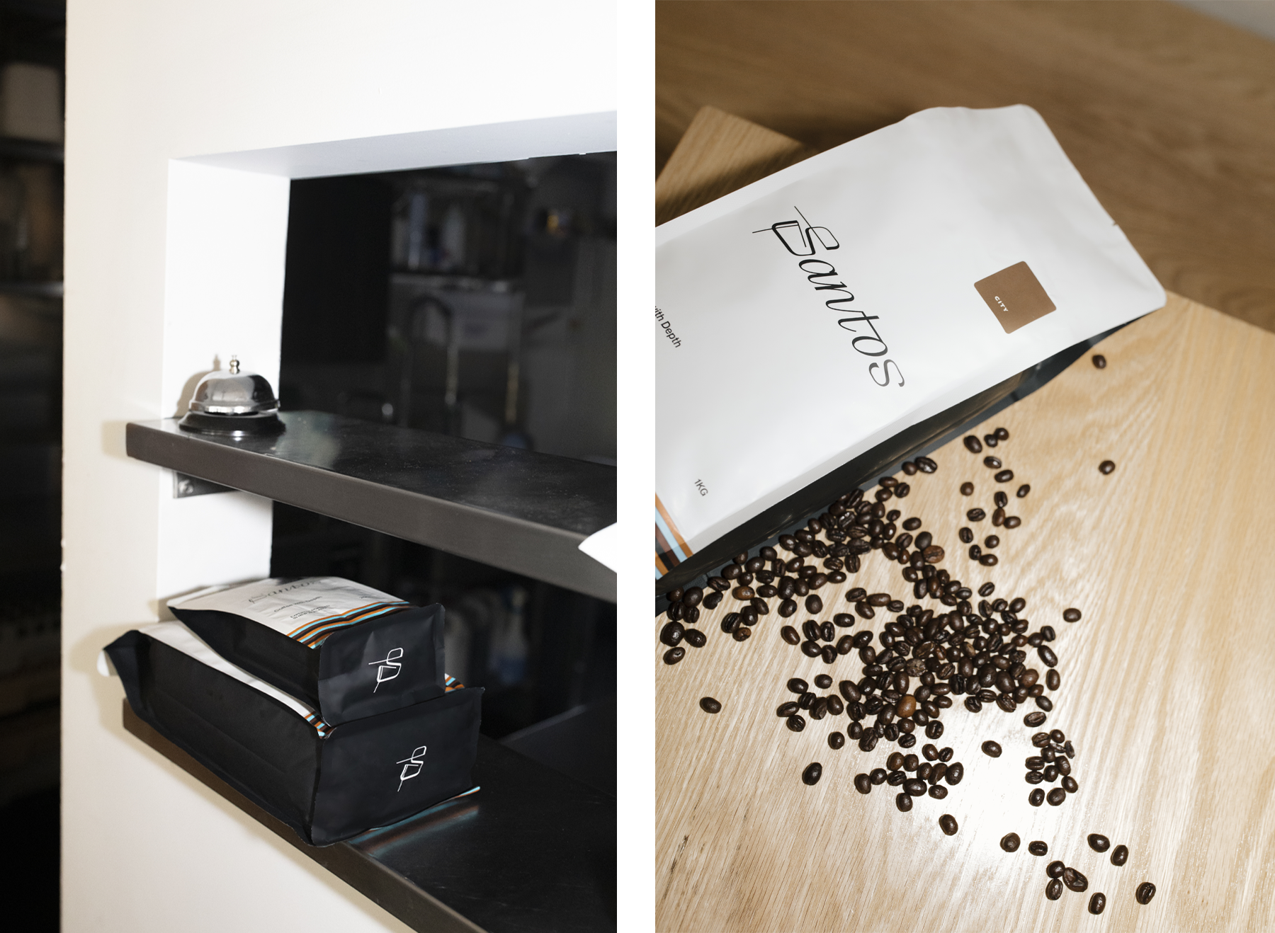 Bags of Santos coffee stacked on an office shelf and a single bag on a table with beans flowing out.